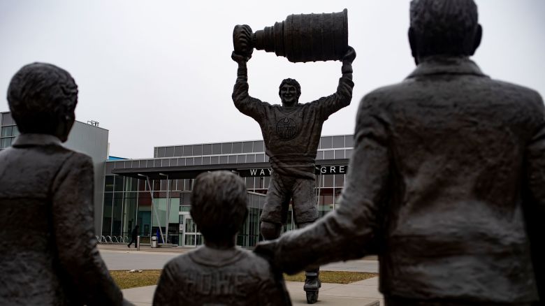 Statues outside the Wayne Gretzky Sports Centre in Brantford, Ontario on March 29, 2025. Emily Elconin for CNN