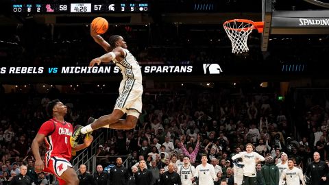 Mar 28, 2025; Atlanta, GA, USA; Michigan State Spartans forward Coen Carr (55) dunks against Mississippi Rebels forward Malik Dia (0) in the second half of a South Regional semifinal of the 2025 NCAA tournament at State Farm Arena. Mandatory Credit: Dale Zanine-Imagn Images     TPX IMAGES OF THE DAY     

Will